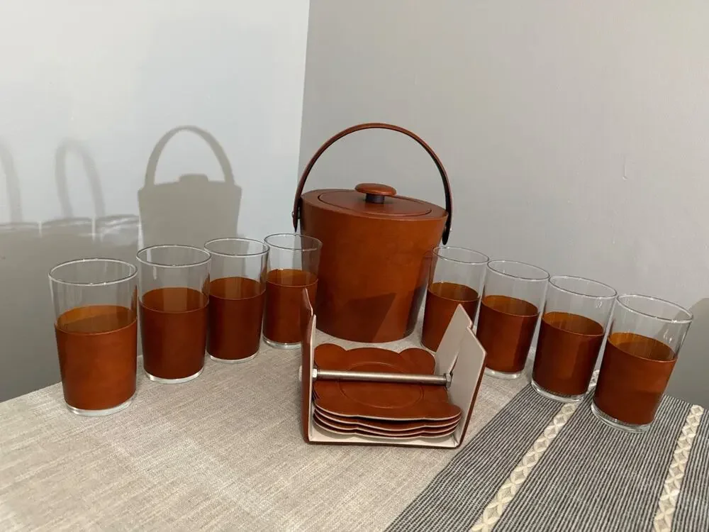 Vintage Mid Century Ice Bucket Barware Set 8 Glasses Coasters Napkin Holder